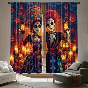 Day of the Dead sugar skull curtains with vibrant rose and lantern print decor