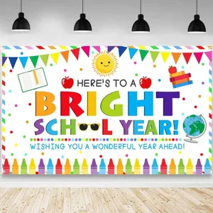 Farbenfroher Schulanfang Hintergrund für Klassenzimmer Party mit Sonne und Schulbedarf