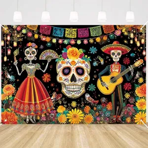 Mexican Day of the Dead backdrop banner with sugar skulls and skeletons for party decor.