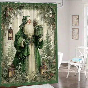 Vintage green Santa Claus print Christmas shower curtain for festive bathroom decoration