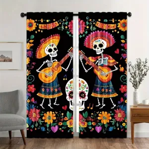 Vibrant Day of the Dead blackout curtains featuring sugar skulls and colorful floral patterns