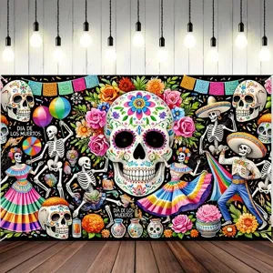 Day of the Dead backdrop banner with sugar skulls and skeletons for festive party decoration.
