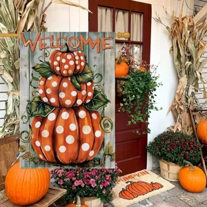 Welcome garden flag featuring stacked polka dot pumpkins for autumn outdoor decoration