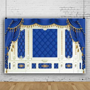 Koningsblauwe toneelgordijn fotobackdrop met elegante gouden kwastjes voor feesten