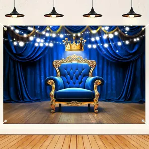 Koningsblauwe foto achtergrond met gouden kroon en troon voor verjaardagsfeestjes