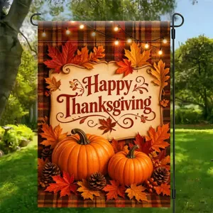Festive Happy Thanksgiving garden flag featuring pumpkins and colorful autumn maple leaves