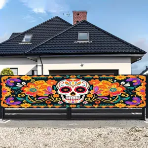 Pancarta decorativa de jardín del Día de los Muertos con calavera de azúcar y flores
