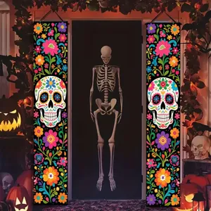 Bannières de porche mexicaines Jour des Morts avec motifs floraux vibrants et têtes de mort