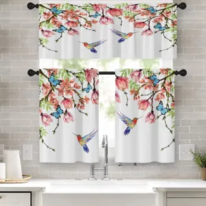 Spring Floral Kitchen Curtain Set Hummingbird Butterfly Pattern Polyester Rod Pocket Valance And Tiers Pastoral Style Window Decoration