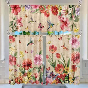 Floral hummingbird and butterfly kitchen curtain set with rustic spring flower pattern