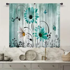 Cortinas Cortas Estilo Country Rústico Veta De Madera Margarita Estampado Bolsillo De Varilla Patrón Floral Cenefa Ventana Cocina Decoración Hogar