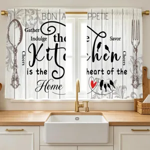Rideaux de Cuisine Rustiques de Style Champêtre Américain Imprimé Slogan Cœur Grain de Bois Vintage Rideaux Courts Fenêtre 2 Panneaux