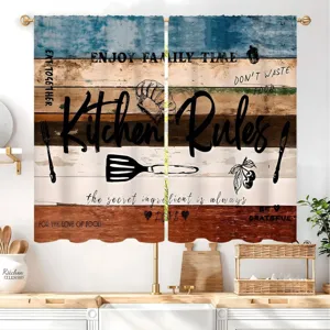 Rideaux de cuisine courts style bois rustique avec slogan Kitchen Rules et imprimés