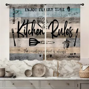 Rideaux de cuisine rustiques chic avec règles de cuisine et motif bois vintage rétro