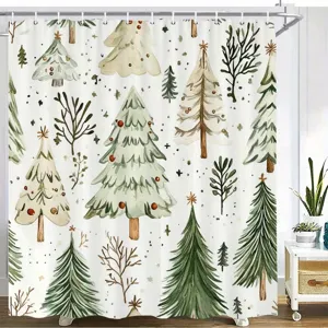 Watercolor Christmas Tree Shower Curtain Waterproof Polyester Bathroom Decor Festive Christmas Themed Shower Curtain For Home Bathroom Holiday Decoration