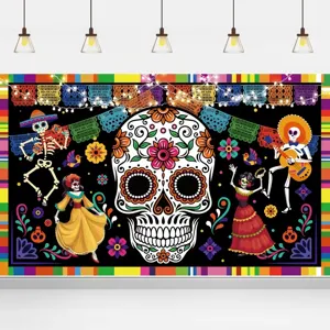 Levendige Mexicaanse Dag van de Doden achtergrond met suikerschedel en dansende skeletten