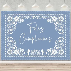 Blue Mexican style Happy Birthday party backdrop with floral and cactus patterns