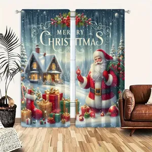 Cortinas Decorativas Navideñas con Estampado de Papá Noel y Hojas de Pino de Poliéster para Sala de Estar