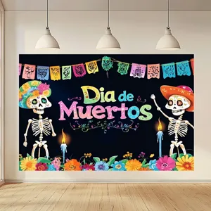 Black Dia de Muertos photography backdrop with skull skeletons and marigold flowers