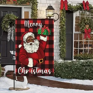 Black Santa garden flag with red buffalo plaid for festive Christmas courtyard decor