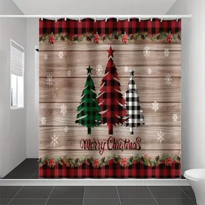Weihnachts-Duschvorhang mit rot-schwarzem Karomuster und rustikalen Holzbäumen