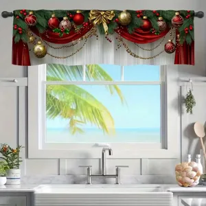 Festive red and green Christmas window valance with gold ornaments and pine branches