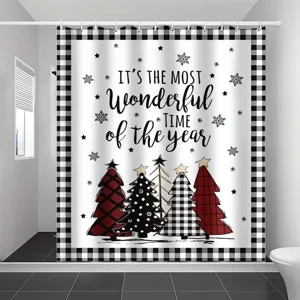 Weihnachts Duschvorhang mit Büffelkaro-Rand und festlichen Baum- und Schneeflocken