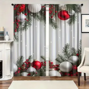 Cortinas navideñas festivas con agujas de pino y bolas para decoración del hogar