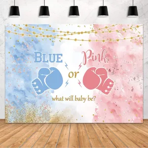 Fondo de revelación de género tema boxeo azul y rosa para decoración de baby shower