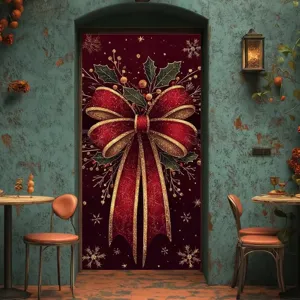 Christmas Door Banner Holiday Decoration Festive Polyester Backdrop Tapestry With Bowknot Elf Candy Print Hanging Wall Blanket For Porch Party Home Accent