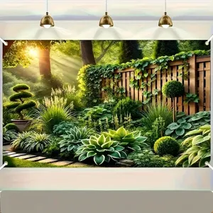 Sfondo fotografico giardino forestale con luce solare, piante e recinzione in legno