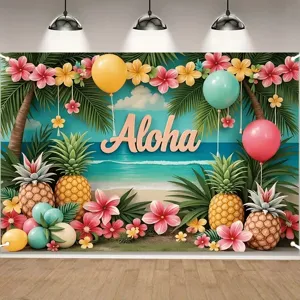 Hawaï strandfeest achtergrond met Aloha tekst, ananassen en tropische hibiscusbloemen