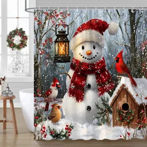 Festlicher Weihnachts-Duschvorhang mit Schneemann und Vögeln für die Badezimmer-Dekoration