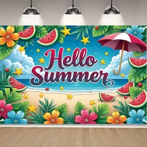 Kleurrijke Hawaiiaanse strandfeest achtergrond met Hello Summer tekst en tropisch fruit