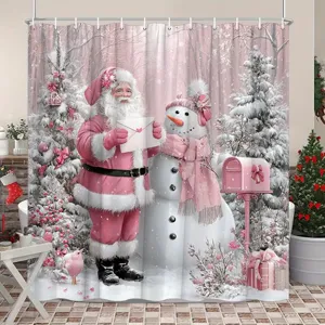 Rosa Weihnachts-Duschvorhang mit Weihnachtsmann und Schneemann Badezimmerdeko