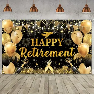 Happy Retirement Feest Achtergrond Banner Zwart Goud Glitter Ballonnen Viering Fotografie Achtergrond Voor Huis Feest Muur Decoratie