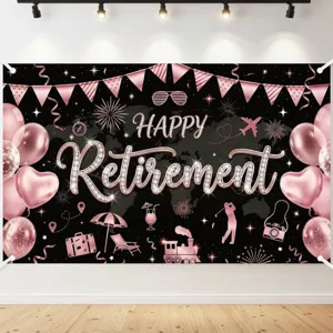 Roségouden Happy Retirement feestachtergrond met reisiconen en ballonnen decoratie