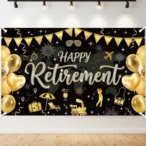 Elegante zwart en goud Happy Retirement achtergrond voor feest met glitter ballonnen design