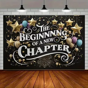 Elegante zwarte pensioenfeest banner met gouden sterren en New Chapter tekst