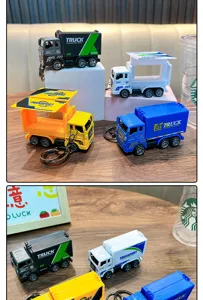 Detail view of alloy express truck keychains in various colors with opening containers