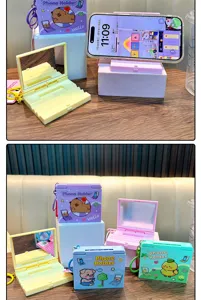 Multifunctional foldable mirror keychain and phone stand with cute cartoon illustrations