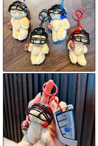 Detail view of football helmet plush teddy bear keychains in various colors and styles.