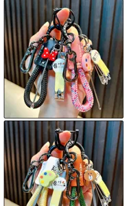 Close-up detail of cute woven rope keychains with charms and mini nail clippers