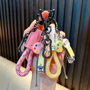 Cartoon Keychain With Nail Clipper Ear Pick Woven Rope PU Leather Tag For Car Keys Bag Decoration Cute Pendant Personal Care