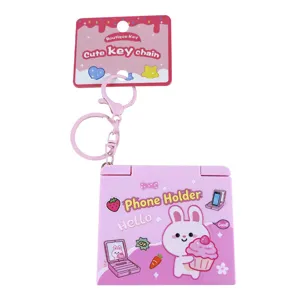 Creative pink rabbit folding mirror keychain and portable multifunctional phone holder stand