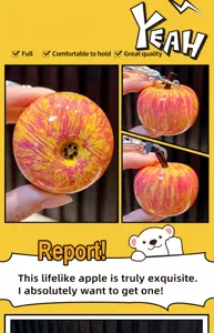Détail d'un porte-clés en forme de pomme créatif avec des textures rouges et jaunes.