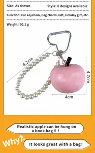 Joli porte-clés à perles avec pomme rose et mousqueton en forme de cœur pour sacs et sacs