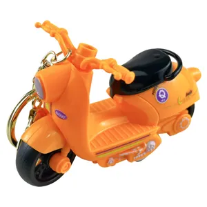 Orange friction motorcycle toy keychain with creative pullback action and mini scooter design