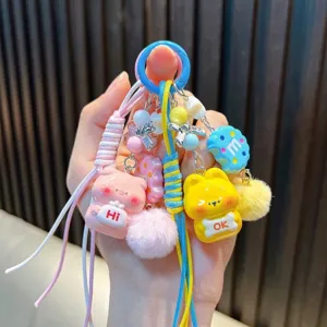 Cute Cartoon Animal Resin Keychain Holding Sign Board Panda Pig Bear Bag Pendant Car Keyring Braided Rope Pompom Charm