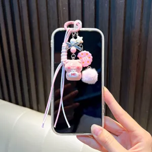Cute pink pig keychain pendant with Hi sign and fluffy pompom charm for bags and phones